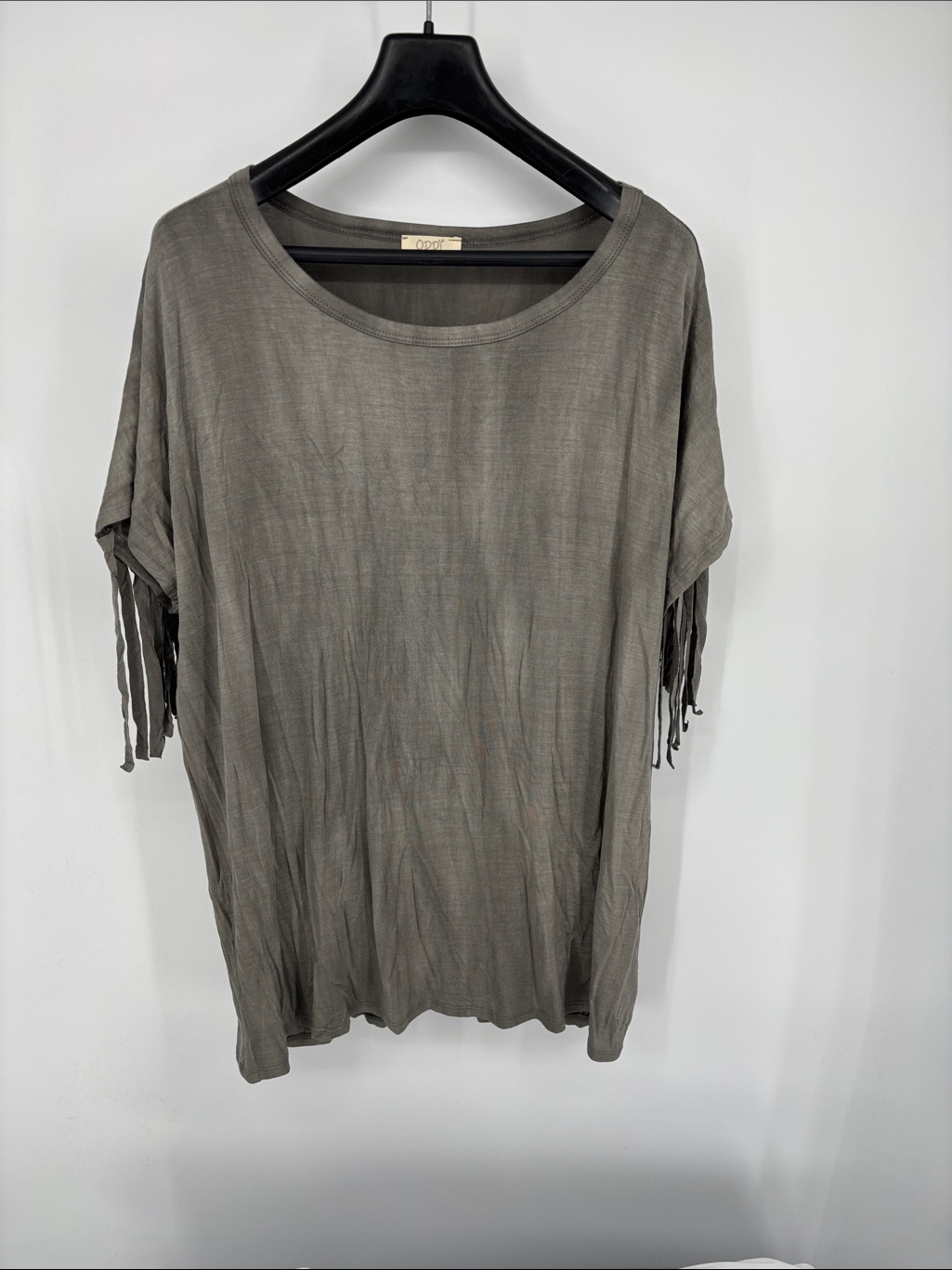 Oddy Grey Stone Fringe Short Sleeve Rayon Blend Tee Shirt Size 1x/2x
